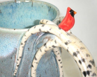 Bird Mug Birch Tree Cup Cardinal Handmade Sculpted Pottery Blue Sky Red Bird Ceramic ClayDogStudio