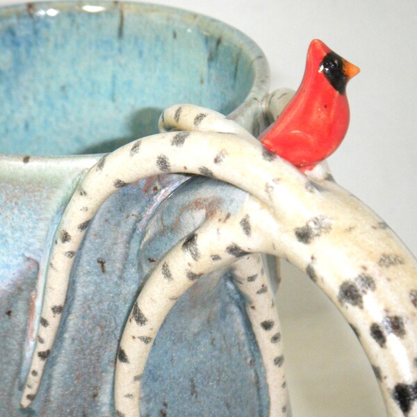 Bird Mug Birch Tree Cup Cardinal Handmade Sculpted Pottery Blue Sky Red Bird Ceramic ClayDogStudio