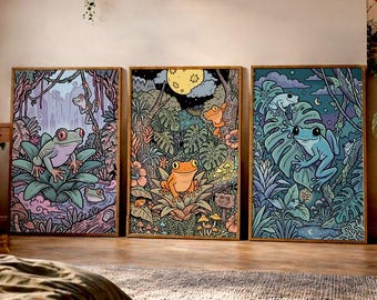 Conjunto de pósteres de tríptico de ranas / Arte mural de sapos / Impresión digital de arte moderno / Decoración acogedora para la habitación del bebé