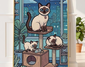 Lámina digital de gatos siameses / Arte de pared kawaii para apartamento / Ilustración de arte moderno / Decoración acogedora para habitación infantil