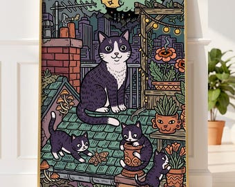 Lámina digital de gatos esmoquin / Arte mural kawaii en azoteas / Ilustración de arte moderno / Decoración acogedora para la habitación del bebé