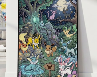 Eeveelutions-poster | Poke moderne digitale print | Maximalistische muurkunst