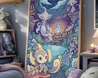 Póster de Exploradores en la Cueva Espacial para la Habitación Infantil / Criaturas Fantásticas para Niños / Lámina Decorativa