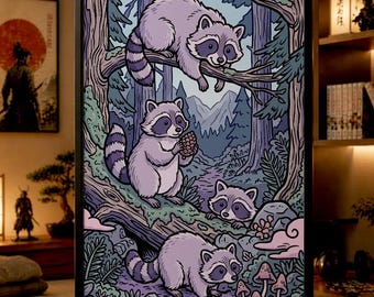 Lámina digital de mapache norteño / Arte mural de bosque caprichoso / Ilustración de arte moderno / Decoración acogedora para la habitación del bebé