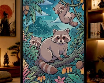 Lámina digital de mapache tropical / Arte mural de la jungla caprichosa / Ilustración de arte moderno / Decoración acogedora para la habitación del bebé