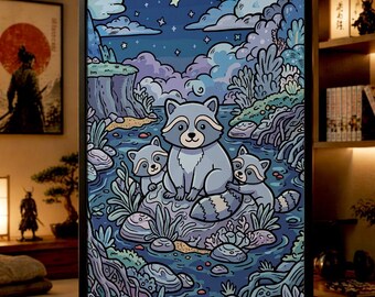 Lámina digital de mapache de Riverland / Arte mural de la jungla caprichosa / Ilustración de arte moderno / Decoración acogedora para la habitación del bebé