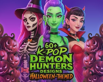 May include: Digital illustration featuring three stylized female figures in Halloween costumes. The image includes text that reads "60+ K-Pop Demon Hunters Designs Halloween-Themed". The background is a gradient of purple and blue, with carved pumpkins.