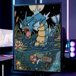 以下が含まれることがあります： 水中の青と黄色の海の生き物を描いた額入りのアートプリント。アートワークには赤い魚、キノコ、看板が含まれています。背景は満月のある夜空です。