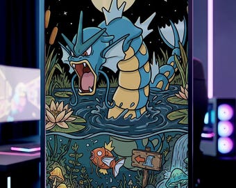 Póster de la evolución de Gyarados Magikarp / Impresión digital moderna Poke / Arte mural maximalista