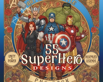 Super Heroes PNG Bundle, 55 Art Nouveau Clipart Set, Instant Download Decor Designs