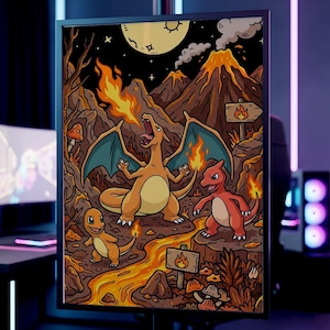 Puede incluir: Impresión enmarcada con una vibrante ilustración de Charizard, Charmeleon y Charmander en un paisaje volcánico. La obra de arte incluye una luna llena, estrellas y elementos de fuego, con una señal que indica peligro de incendio.