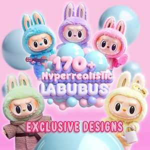 Pacote com mais de 170 Labubu PNG e JPG hiper-realistas | Arte Kawaii para impressão com tipografia | (Download digital)