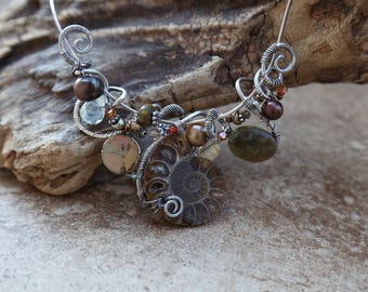 Sterling Silver Freeform Wirework Ammonite &  Gemstone Necklace