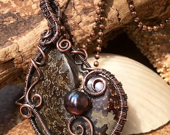 Copper Free Form Woven Wire Ammonite Necklace