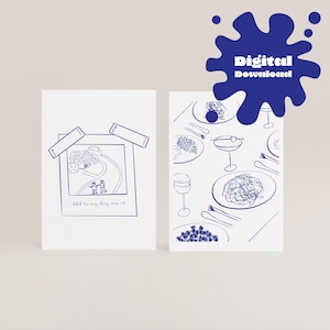 May include: Two printable cards with blue ink illustrations. The first card shows a house with a path leading to two people holding hands. The text reads "hello to my day one <3". The second card shows a table setting with plates, silverware, and food.