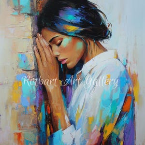 May include: An oil painting depicts a person with dark hair and closed eyes, leaning against a brick wall. The person wears a white shirt. The artwork features a palette of blues, yellows, and oranges, with the text "Rothbart Art Gallery" in the lower left.