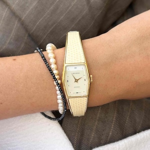 Vintage Grovana Bangle Watch | 70s Gold Ladies Wristwatch | Ivory Inlay Bracelet Watch | Retro Swiss Mechanical | Gift for Her | Rare Find