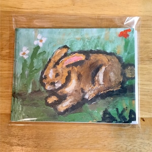 Pacchetto di cinque carte da nota 4x6 con coniglio dolce sul campo
