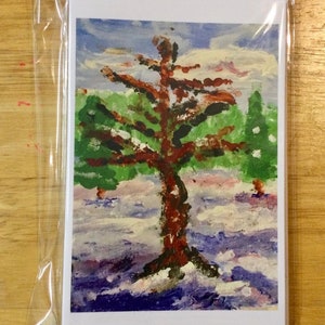 Cartes de notes 5x7 avec arbre dans la neige. Cinq dans un paquet avec enveloppes