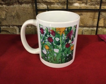 White Ceramic Mug With Beautiful, Colourful Flowers