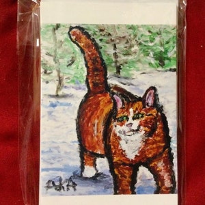 5x7 Grußkarten, 5 im Pack mit Umschlägen. Katze, die durch den Schnee geht. Vom Original Kunstwerk