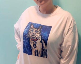 White Cotton Sweatshirt with Beautiful Siamese Cat on front, taken from original artwork