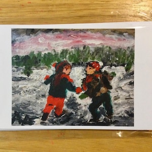 Cartes de notes 5x7 avec deux adorables enfants courant dans la neige. Cinq dans un paquet avec enveloppes