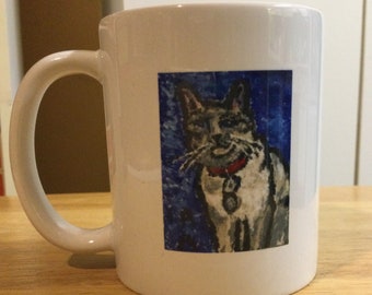 White mug with picture of a Beautiful Siamese Cat on one side, taken from an original artwork