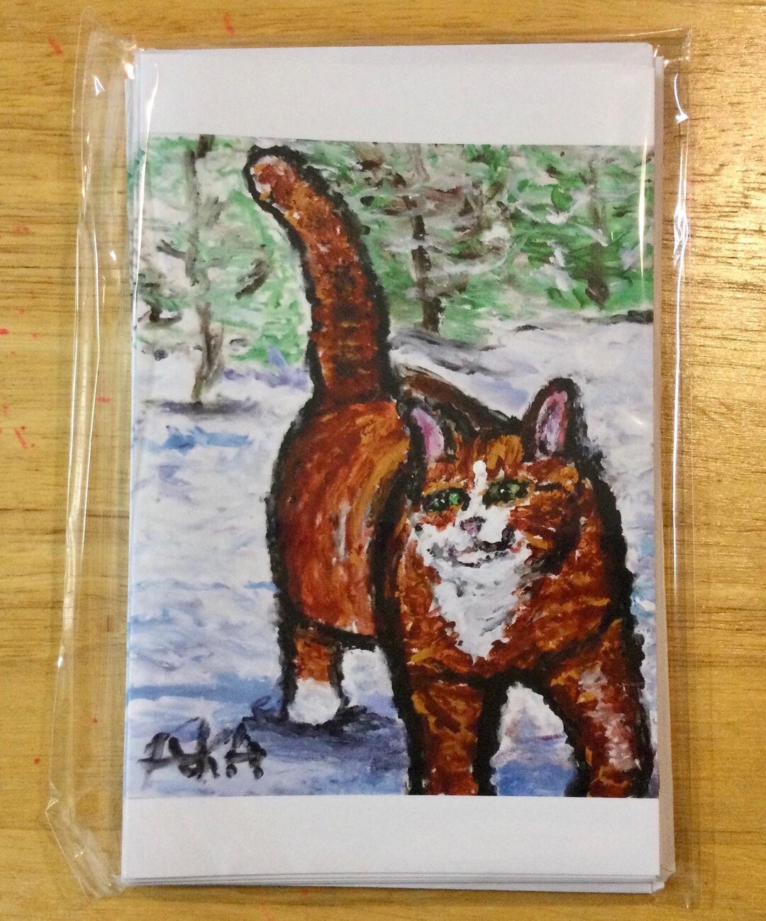5x7 Note Cards With Adorable Ginger Cat Walking in Snow. Five in A Pack ...