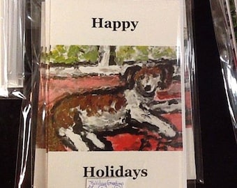 Five 5x7 note cards with envelopes.  "Beagle on Red Carpet"'