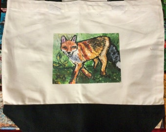 Large Tote Bag With Adorable Fox On The Front. Black Bottom And Straps.