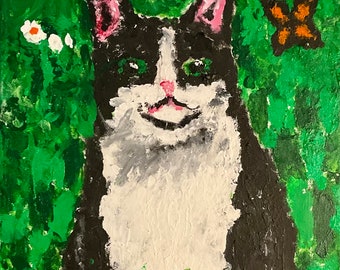 16 x 20 Acrylic painting on stretched canvas. Lulu Sitting In Our Old Backyard is a painting of my dear cat LuLu.