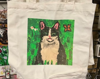 Small Cotton Tote Bag With Adorable Tuxedo Cat On The Front. Great for Carrying Groceries, Books and Other Precious Items!