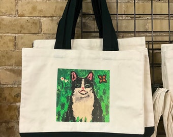 Large Cotton Tote Bag With Adorable Tuxedo Cat On The Front. Greta for Carrying Groceries And Books and Other Precious Items!