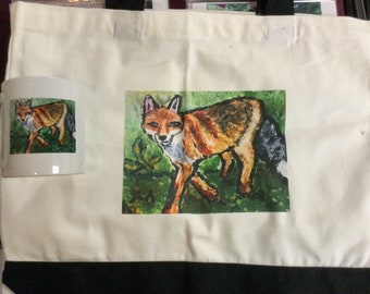 Koop een goede deal met een draagtas en een mok. Zowel mok als tote bag hebben een schattige vos op de voorkant. Tote Bag heeft zwarte bodem en riemen.