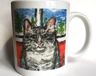 Adorable gray tabby cat on ceramic mug, 9.5cm tall, 8cm wide (tax included)