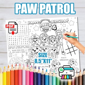 Paw Patrol Personalized Placemat, Editable Paw Patrol Birthday Coloring Sheet, Kids Coloring Page Worksheet, Printable Digital Download