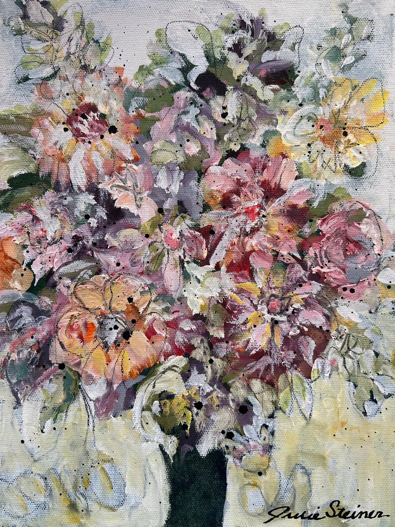 One of a kind abstract floral, original botanical painting, abstract floral painting, bouquet of flowers abstract painting, flower art, 9x12 image 1