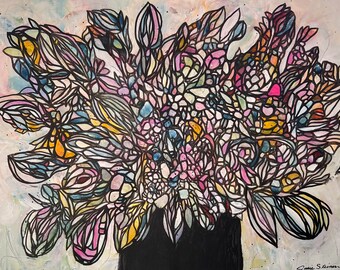 Abstract floral painting, stained glass flowers, handmade flower painting, flower mosaic artwork, original abstract floral, large art 28x22