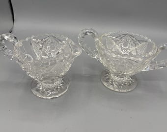 Vintage Pressed Glass Creamer Sugar Bowl Set Starburst Pedestal Clear