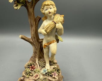 ヴィンテージ カポディモンテ 天使の置物 花と木付き イタリア製 高さ9