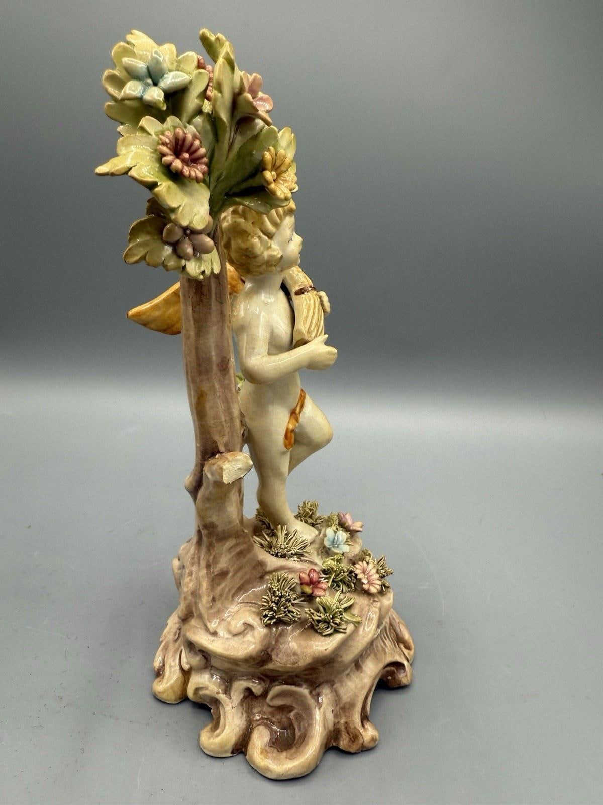 Vintage Capodimonte Cherub Angel Figurine W/ Flowers & Tree Italy