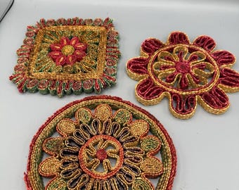 Juego de 3 salvamanteles vintage de paja tejida, estilo arte popular mexicano, decoración bohemia.