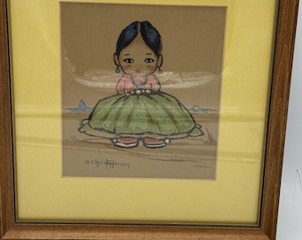Stampa vintage di Gerda Christofferson Oodees raffigurante una ragazza nativa americana, incorniciata, anni '60.