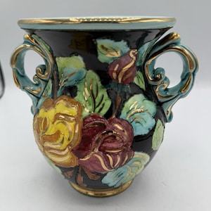 Vintage Majolica Style Vase Hand Painted Floral Black Gold 6.5” Signed