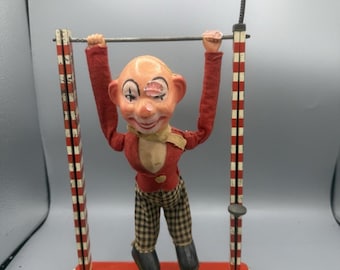Vintage Toe Joe Acrobat clown blikken speelgoed trapezehendel actie 10" Japan
