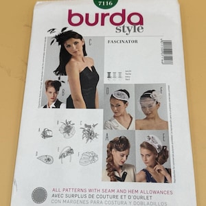 May include: A Burda Style 7116 sewing pattern envelope for a fascinator. The front displays illustrations and photographs of six different headpiece designs labeled A through F, featuring various styles of veils, flowers, and decorative accents.