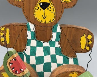 Orsetto di peluche in legno dipinto a mano, stile arte popolare vintage, decorazione country