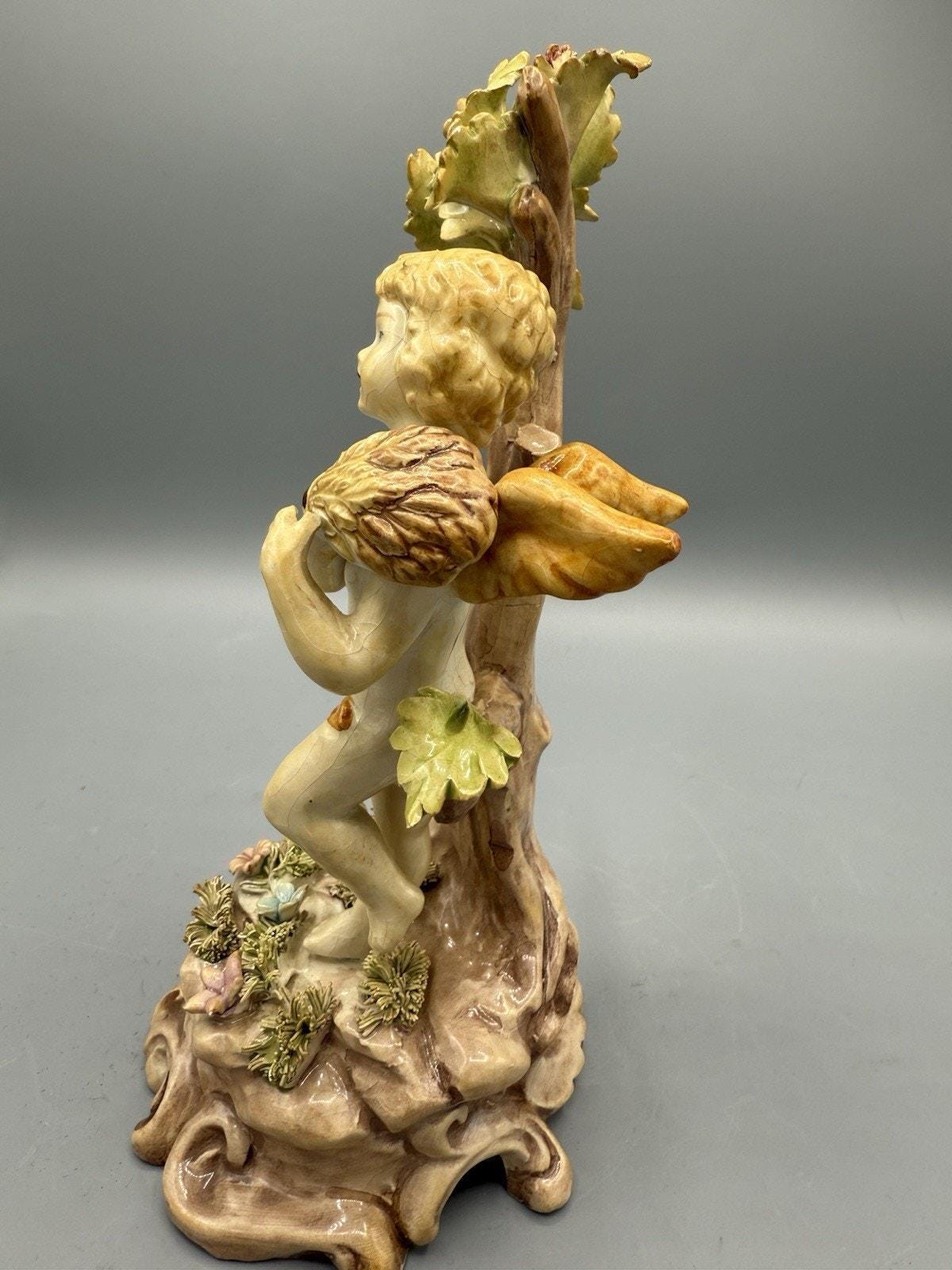 Vintage Capodimonte Cherub Angel Figurine W/ Flowers & Tree Italy