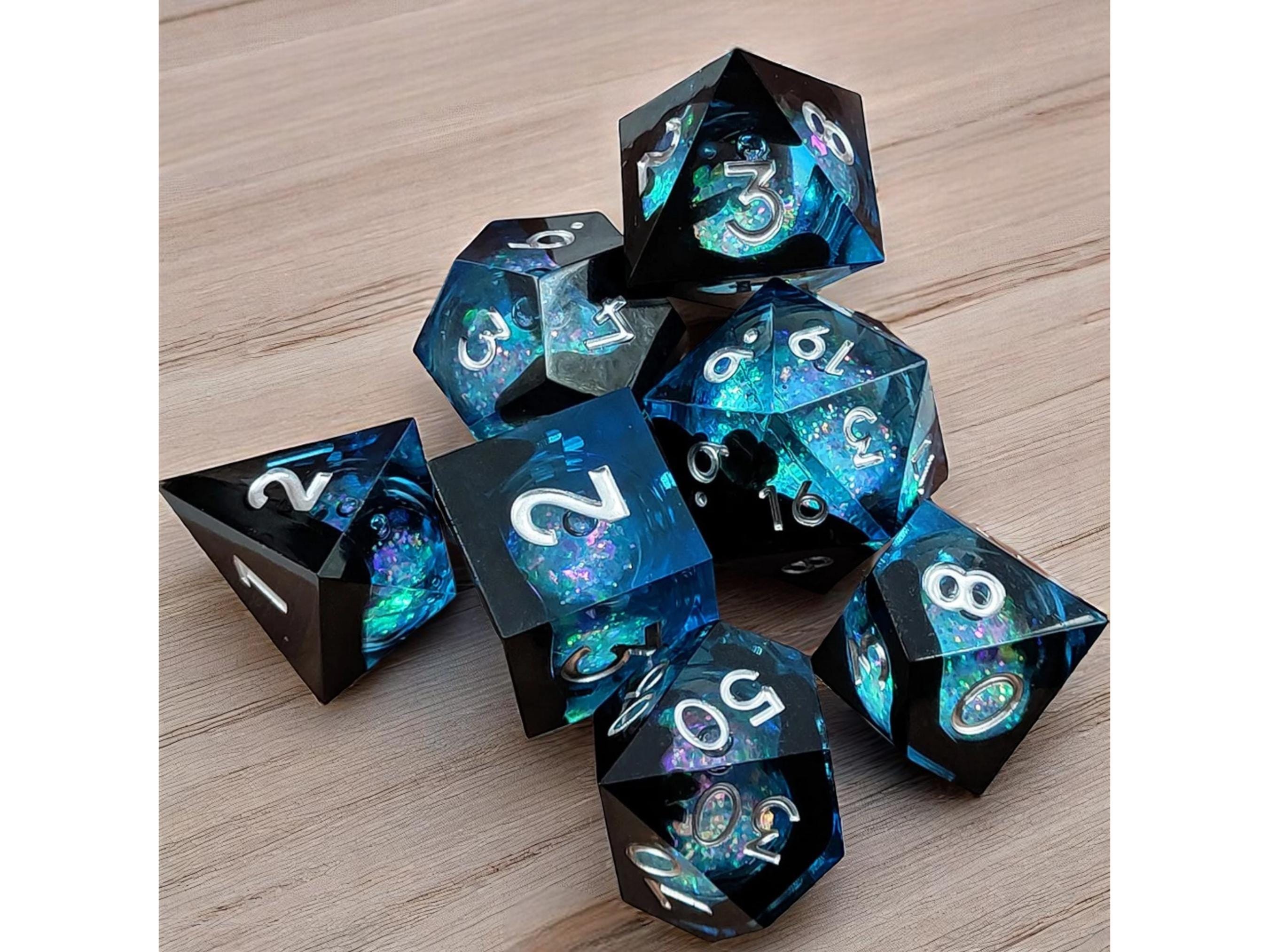 Blue Black Liquid Core Dnd Dice, Polyhedral Sharp Edge Dice Set, Gaming Lovers Gift